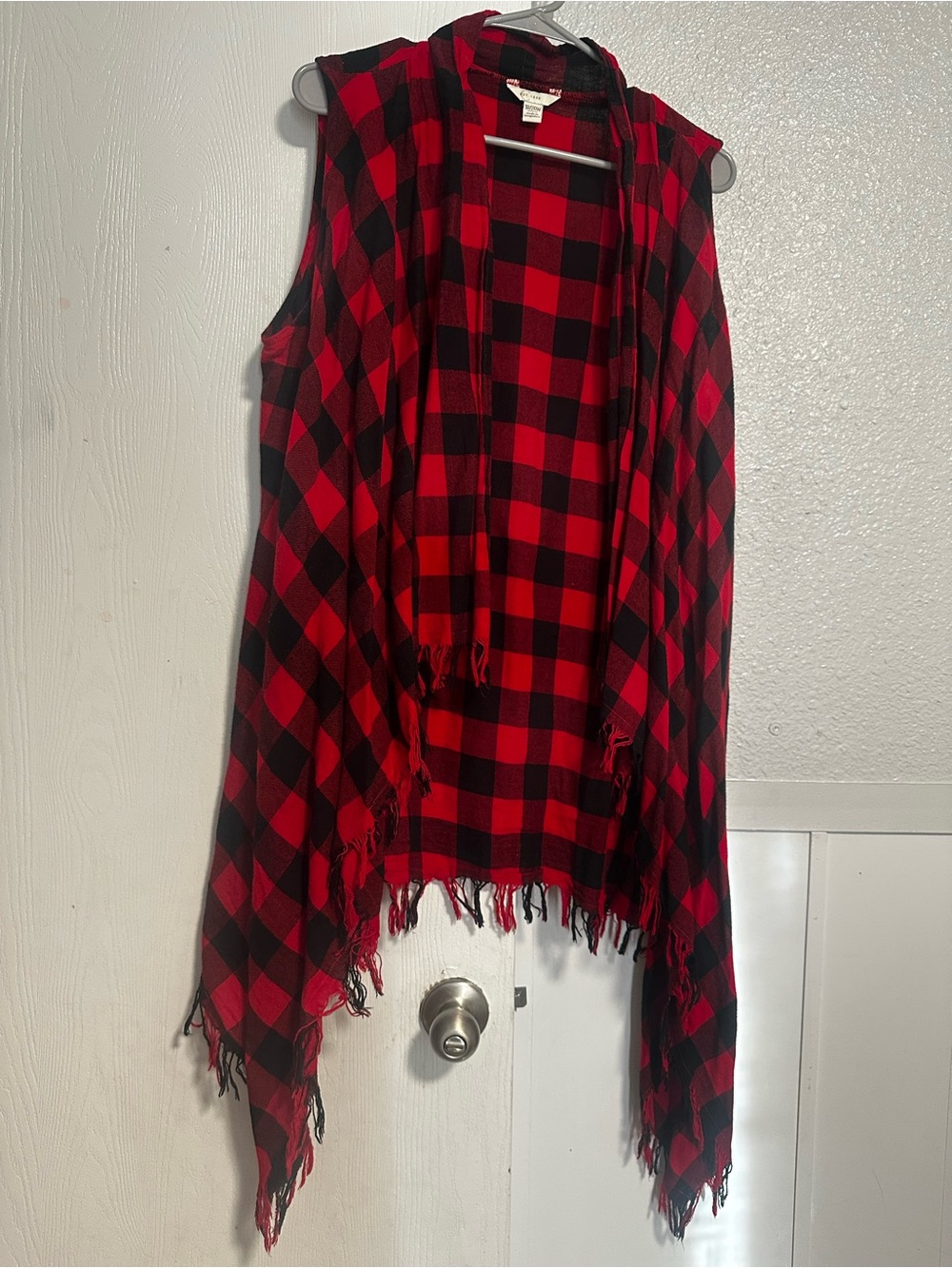 CATO Red & Black Buffalo Plaid Fringe Vest